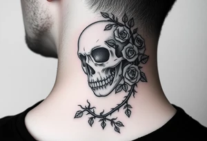 gothic skull intertwined with climbing roses and thorny vines tattoo idea