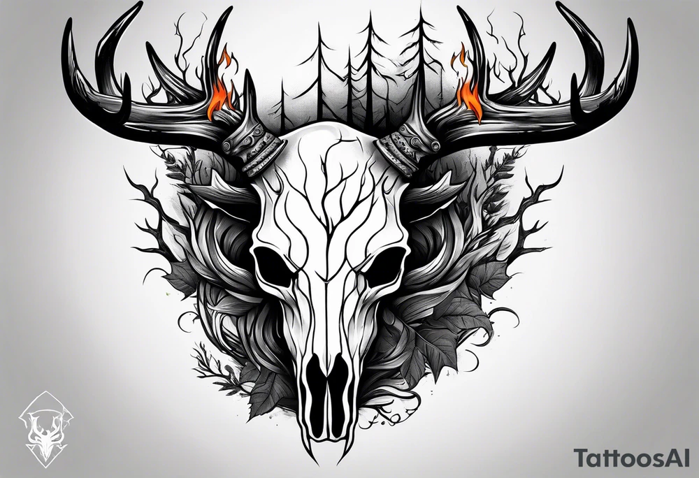 A scary decayed deer skull head with flames and trees tattoo idea