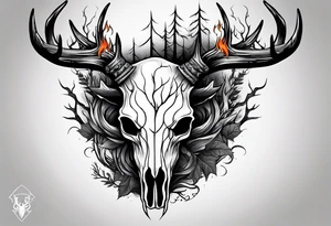 A scary decayed deer skull head with flames and trees tattoo idea