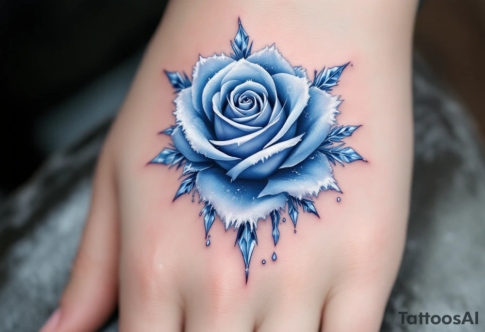 Frosted blue rose with icicles, icy blue petals with sharp crystal tips, a few frozen droplets on the edges. tattoo idea