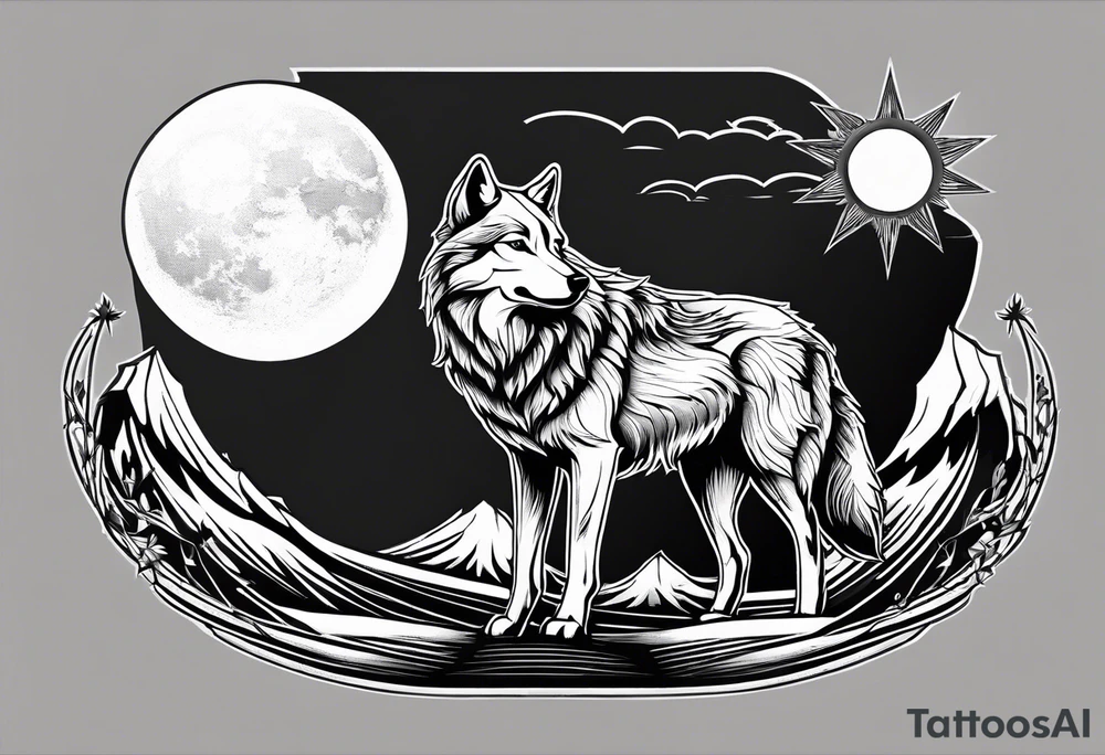 strength, small, howling wolf, elegant, sun, lenghty tattoo idea