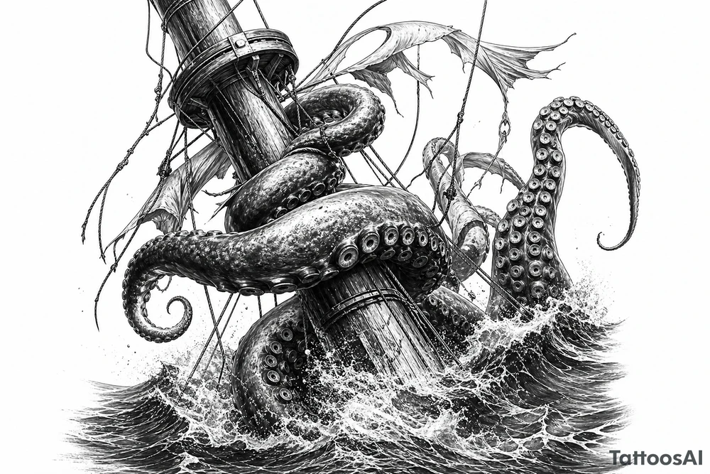 Close-up on a pirate ship's mast being ensnared by colossal kraken tentacles, dark, turbulent ocean waves, high contrast tattoo idea