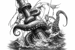 Close-up on a pirate ship's mast being ensnared by colossal kraken tentacles, dark, turbulent ocean waves, high contrast tattoo idea