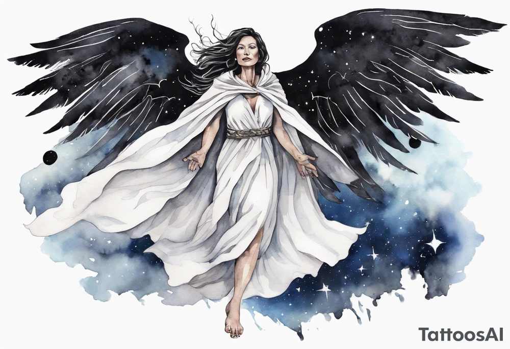 a beautiful 45 year old woman flying in the night sky with black wings, wearing a black and white cloak, bare feet tattoo idea