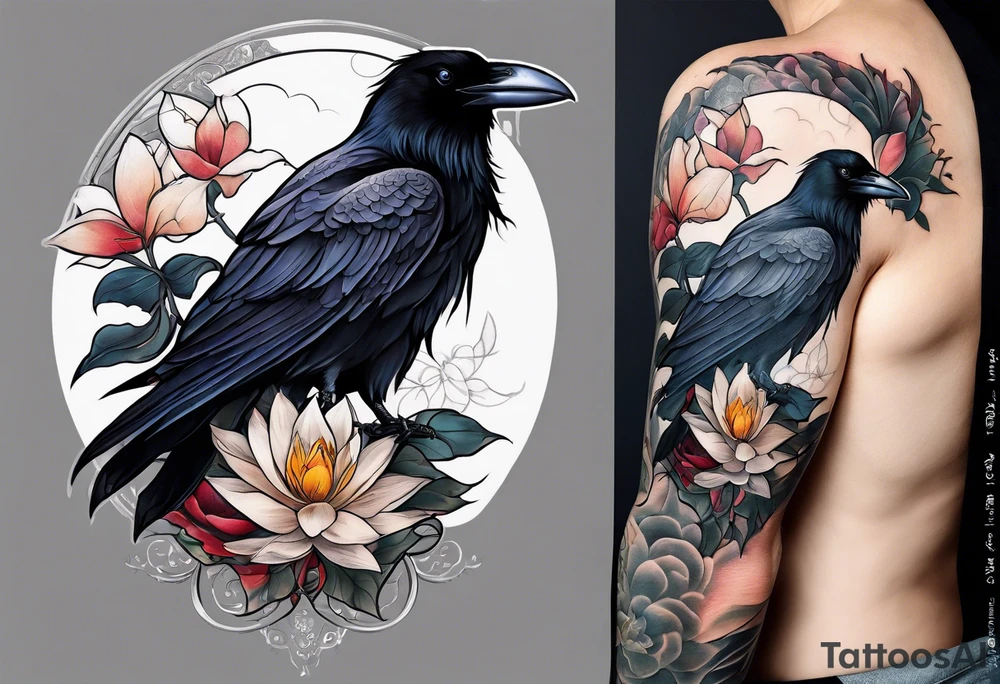 A sleeve with a a Raven A white Lotus 1990 and something showing change with the Raven tattoo idea
