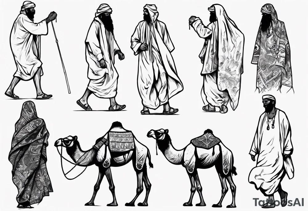 Feature a man walking alongside his camel, both resilient against the harsh environment, the man covering his face with a long cloth for protection. tattoo idea