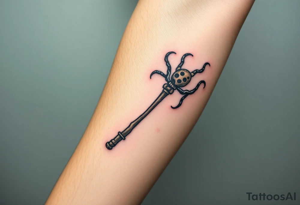 A Death Eater wand with a bone-like structure, emitting dark magical tendrils tattoo idea