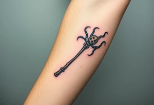 A Death Eater wand with a bone-like structure, emitting dark magical tendrils tattoo idea