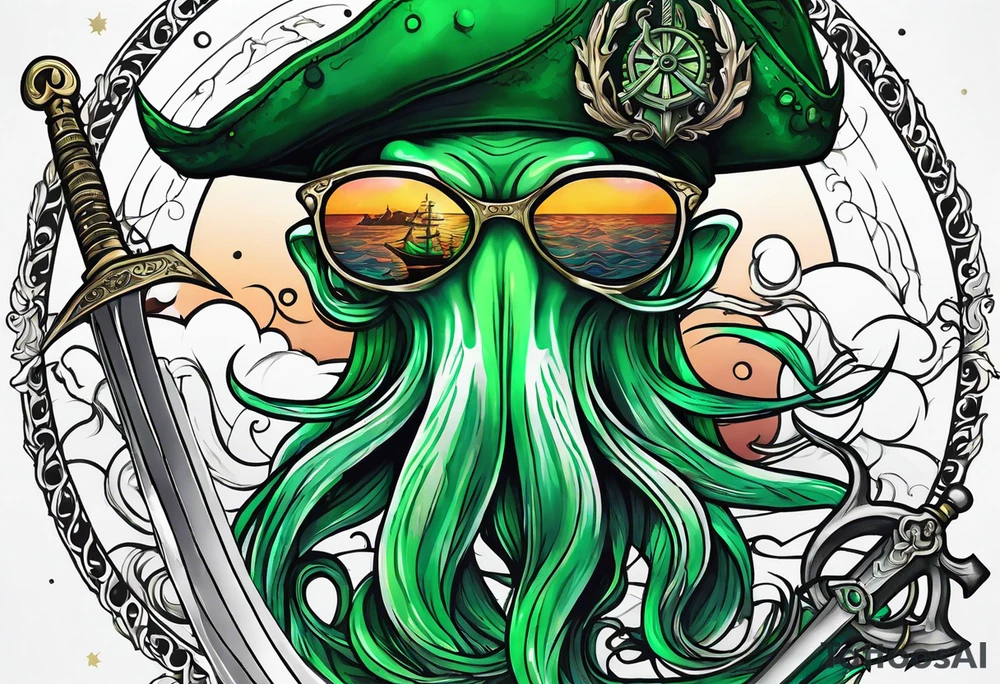 green squid with eyepatch holding sword and anchor tattoo idea