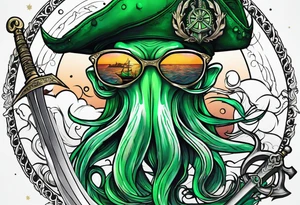 green squid with eyepatch holding sword and anchor tattoo idea