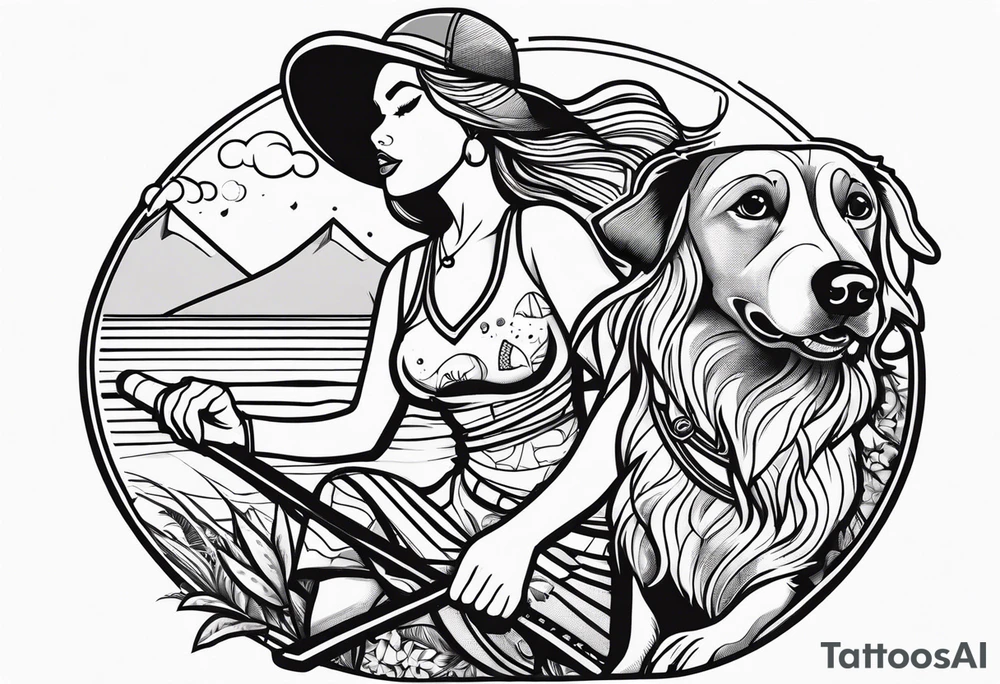Beach Mountain Racket dog and woman tattoo idea