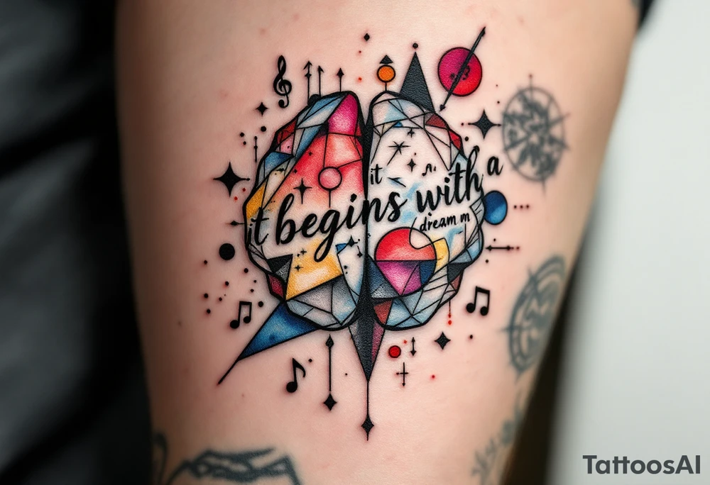 Tattoo inspired in the creativity of a gifted brain, with few watercolor details but mostly black, with words and musical symbols flying arround, with the phrase "It begins with a dream" tattoo idea