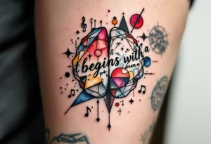 Tattoo inspired in the creativity of a gifted brain, with few watercolor details but mostly black, with words and musical symbols flying arround, with the phrase "It begins with a dream" tattoo idea