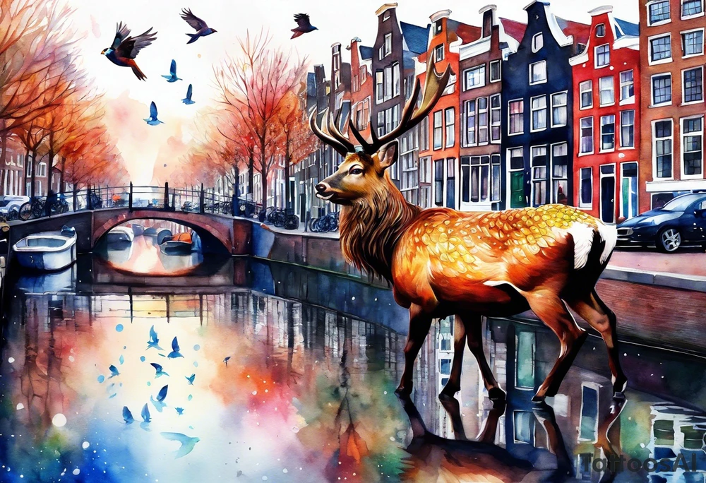Stag, watercolour, birds, Amsterdam canal, Animals, amsterdam, pineapples, space, galaxy, canal tattoo idea