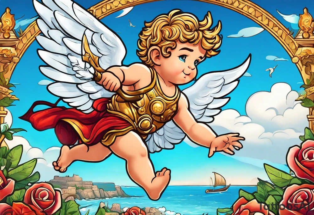 cupido  fly boy with wings, background sea, ancient rome gods tattoo idea