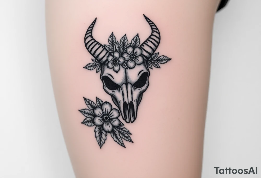 The sign capricorn as a realistic skull with leaves and flowers tattoo idea