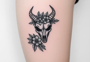 The sign capricorn as a realistic skull with leaves and flowers tattoo idea