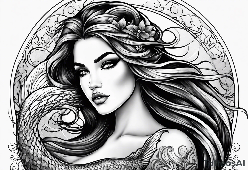 mystical sultery
 mermaid with long 
flowing tail and hair, tattoo sleeve tattoo idea