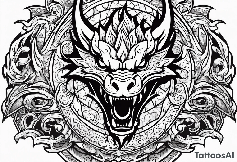 Valhalla sword shield dragon head fire tattoo idea
