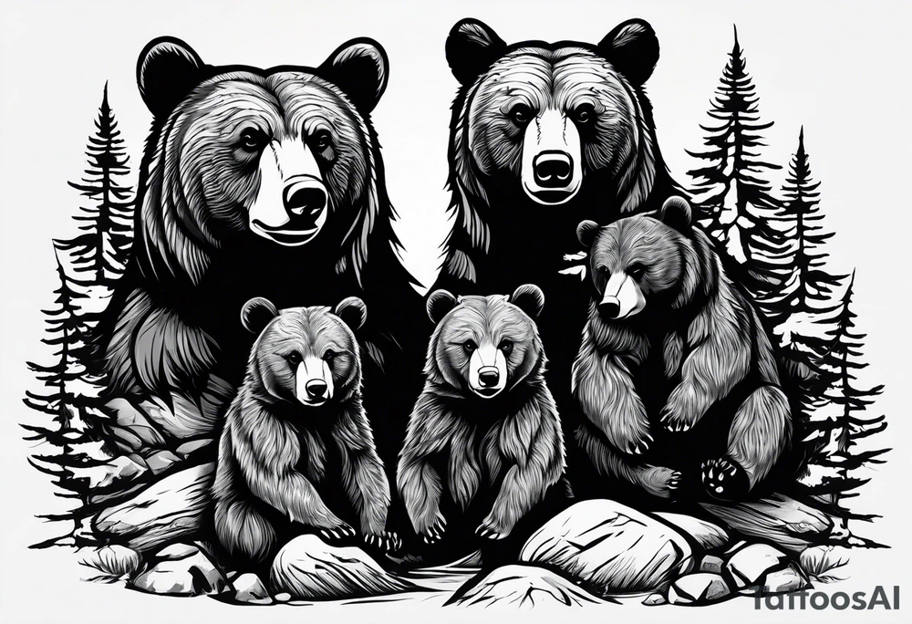 Draw a tattoo. The tattoo shows a mother bear holding two bear cubs. A small bear cub and a larger bear cub. The bears are surrounded by fir trees and rocks. tattoo idea