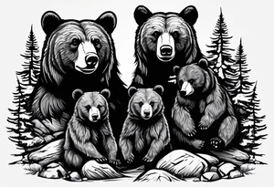 Draw a tattoo. The tattoo shows a mother bear holding two bear cubs. A small bear cub and a larger bear cub. The bears are surrounded by fir trees and rocks. tattoo idea