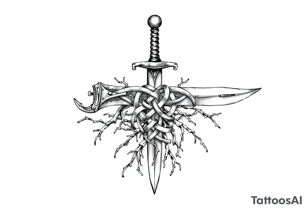 Armband tattoo of a sword with covered in a Celtic knot roots tattoo idea