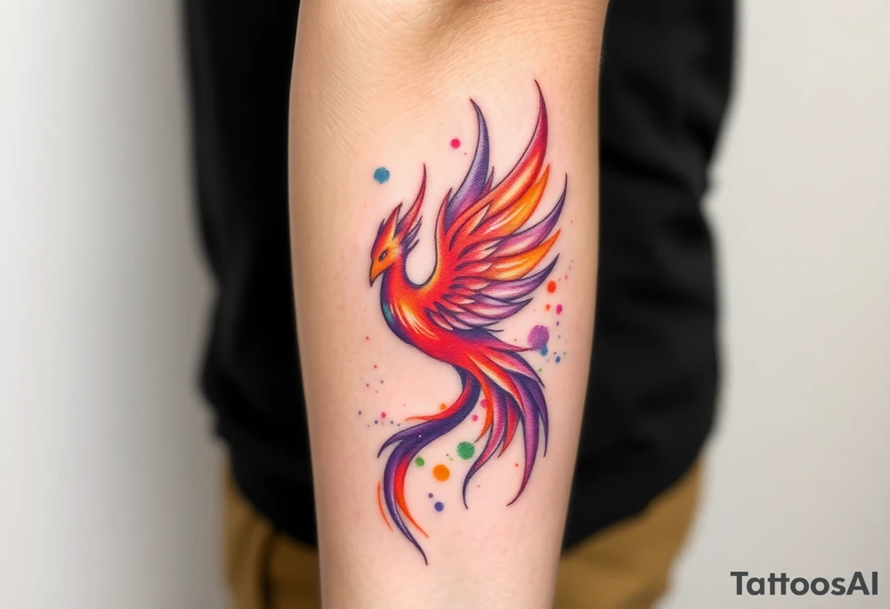 Phoenix with blazing flames with purple, orange and green splashes tattoo idea