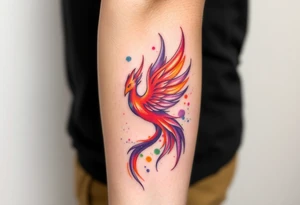 Phoenix with blazing flames with purple, orange and green splashes tattoo idea
