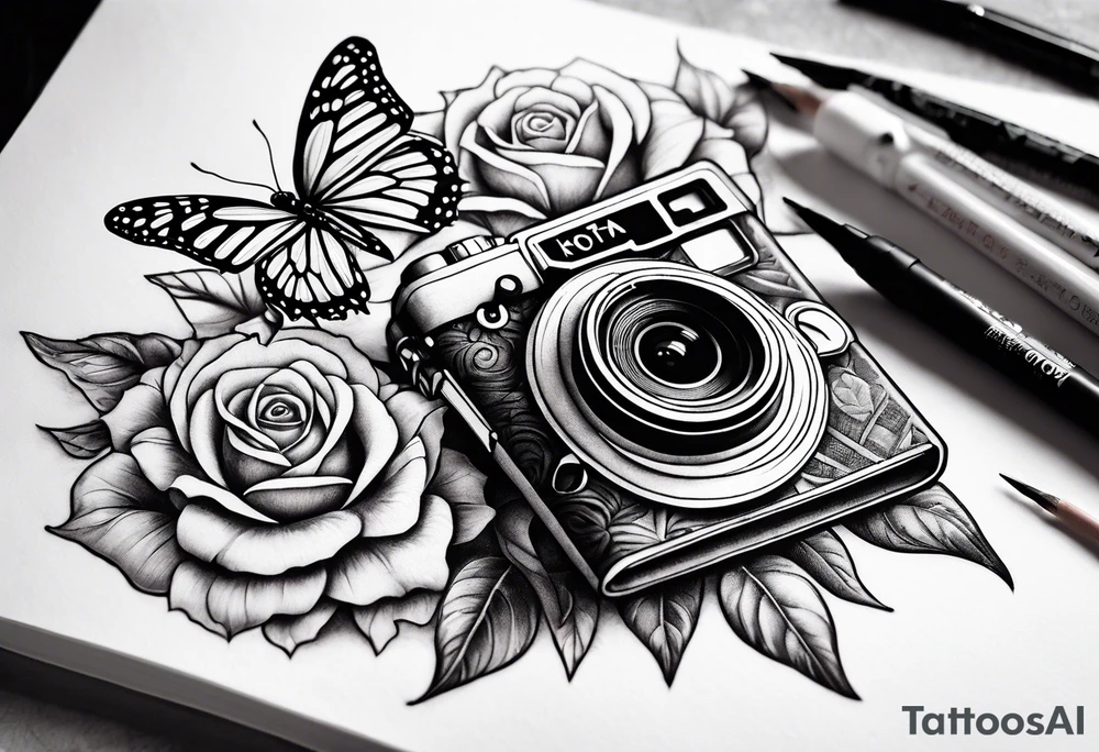 Book, sunflower, camera, butterfly, flower rose tattoo idea Book, sunflower, camera, butterfly, flower rose tattoo idea