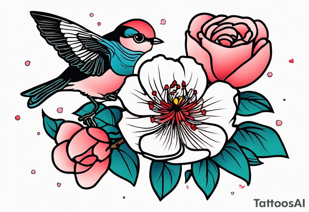 Japanese cherry blossom with birds, butterflies and rose tattoo idea