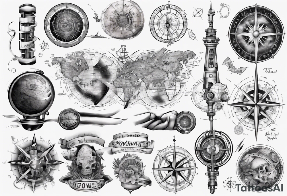 full arm tattoo for man with images of maps and travel and science tattoo idea
