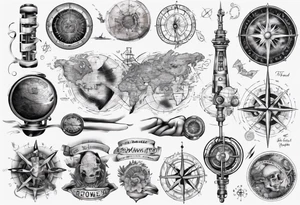 full arm tattoo for man with images of maps and travel and science tattoo idea