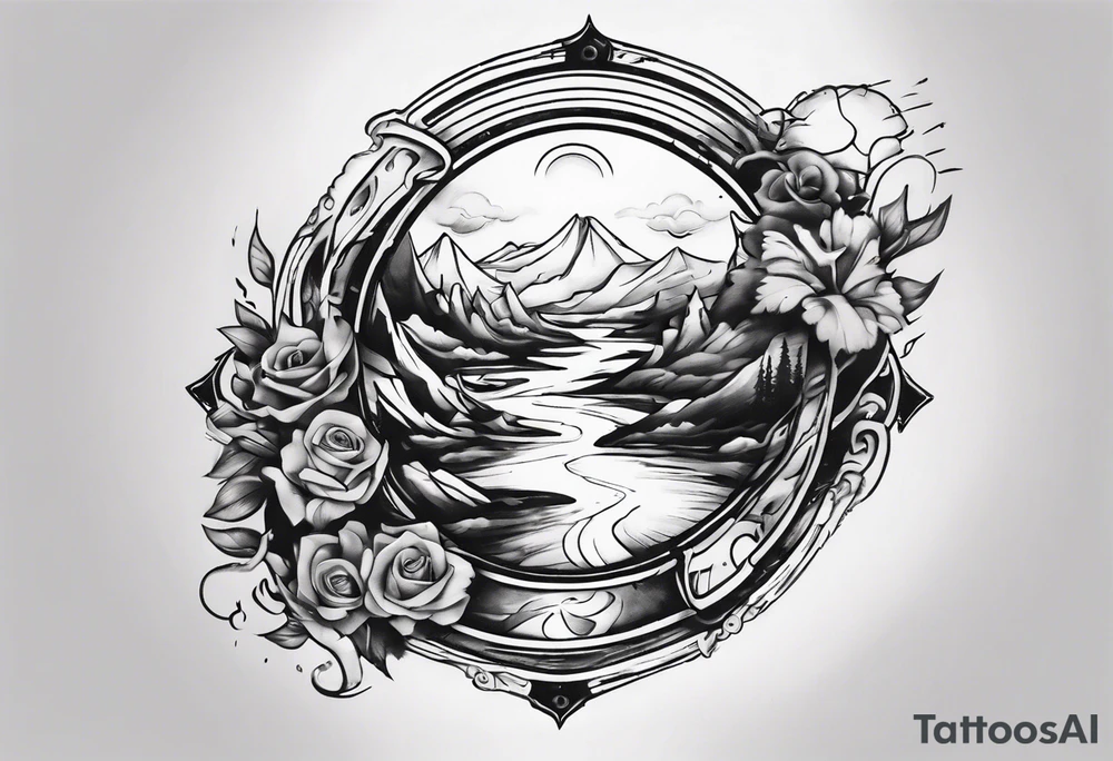 Inner bicep, stretched horizontally, visual representation of the journey of life tattoo idea