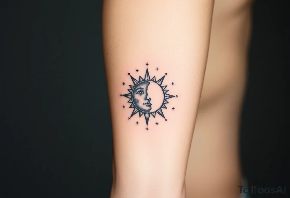 celestial sun and moon embrace with constellation patterns tattoo idea