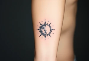 celestial sun and moon embrace with constellation patterns tattoo idea