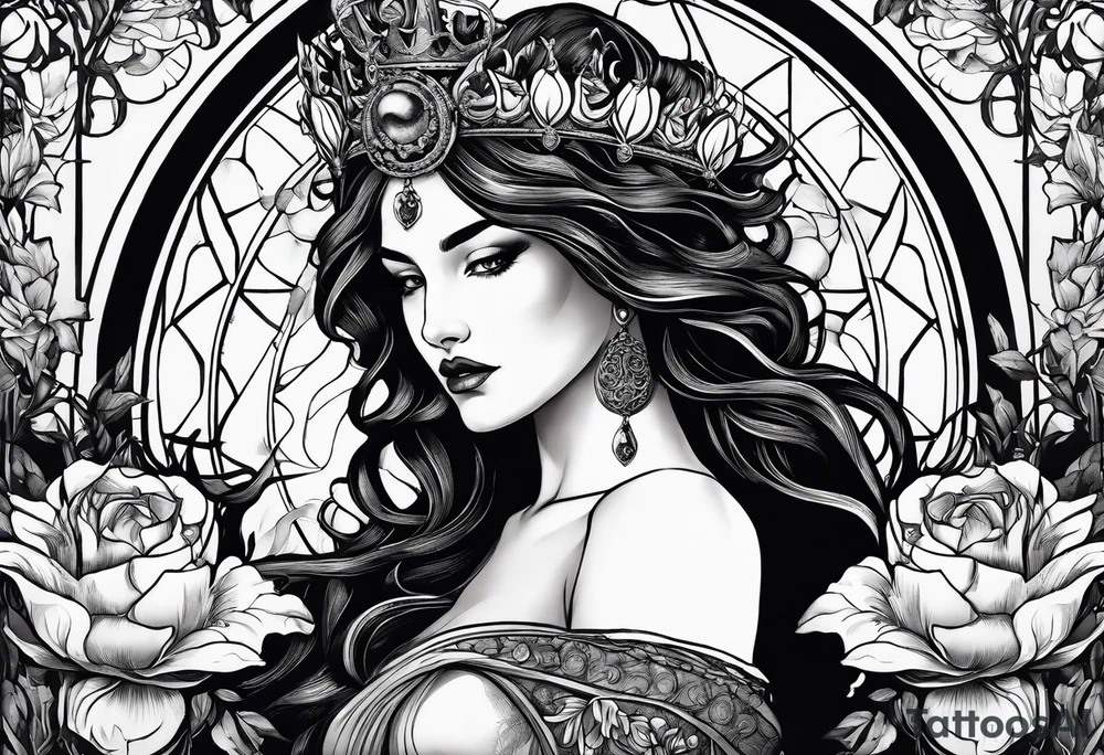 persephone goddess with a dark or gothic perspective. Include pomegranate, flowers and her being the queen of the underwood tattoo idea