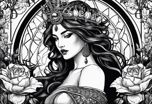 persephone goddess with a dark or gothic perspective. Include pomegranate, flowers and her being the queen of the underwood tattoo idea