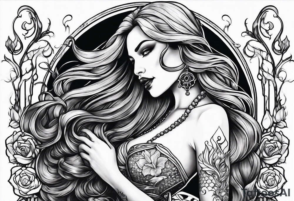 evil mermaid with skull tattoo idea
