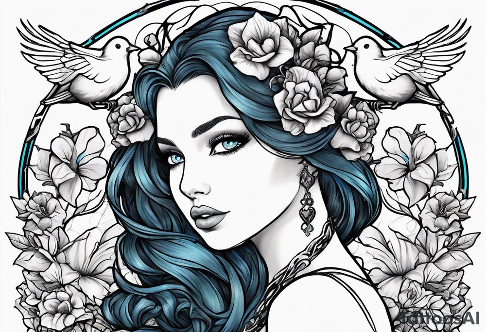 Black Aphrodite with auburn hair and ocean-blue eyes surrounded with doves and poison ivy sitting on a heart tattoo idea