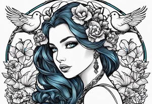 Black Aphrodite with auburn hair and ocean-blue eyes surrounded with doves and poison ivy sitting on a heart tattoo idea
