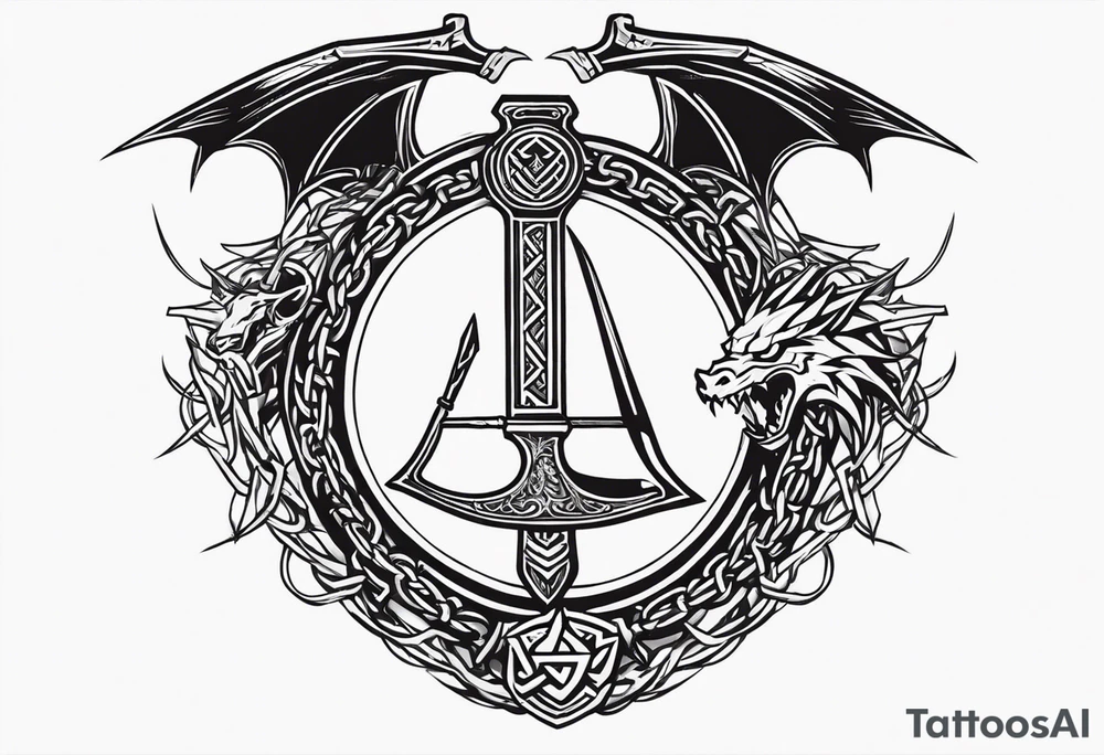 Valhalla sword shield dragon axe Valknut barbed wire chains tattoo idea Valhalla sword shield dragon axe Valknut barbed wire chains tattoo idea