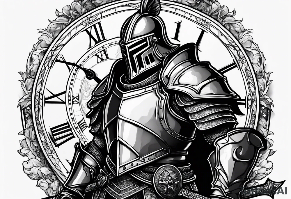 knight with heavy armor with clock and castle tattoo idea