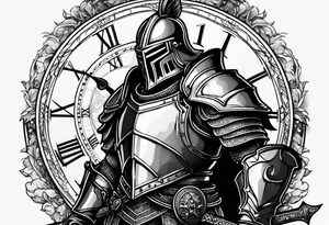 knight with heavy armor with clock and castle tattoo idea