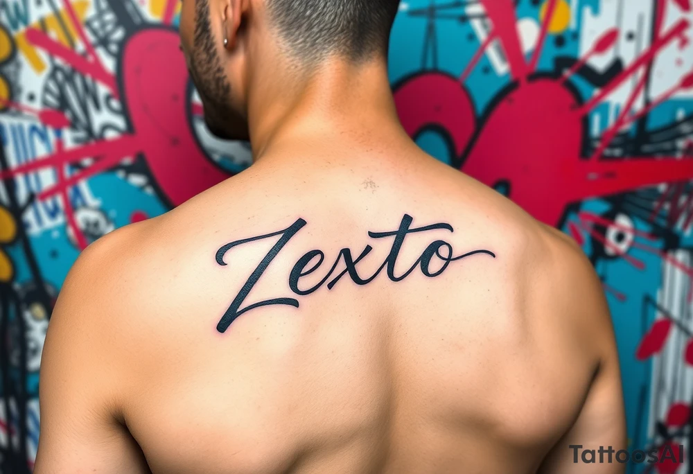 A bright colored graffiti style background with the name Zexto in script tattoo idea