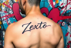 A bright colored graffiti style background with the name Zexto in script tattoo idea