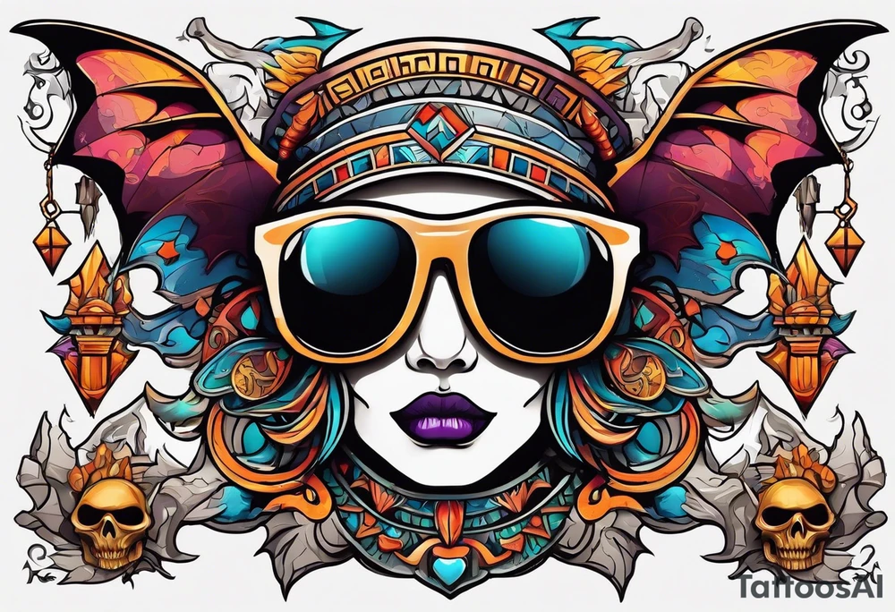 Colorful hieroglyph wearing sunglasses with bats water and stalagmites tattoo idea