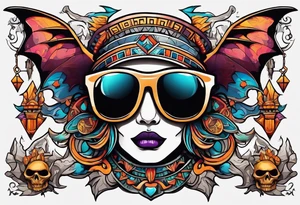 Colorful hieroglyph wearing sunglasses with bats water and stalagmites tattoo idea