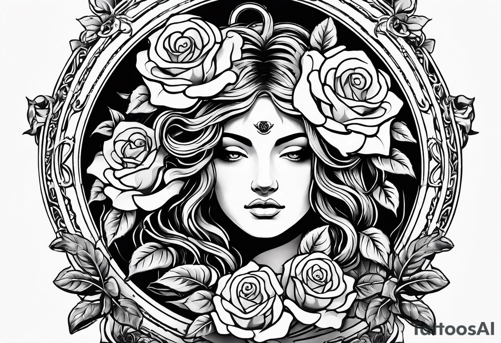 Circular shield with medusa's face surrounded by roses tattoo idea