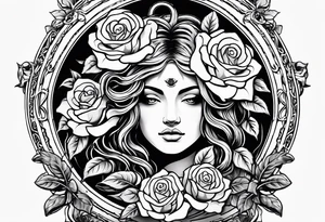 Circular shield with medusa's face surrounded by roses tattoo idea