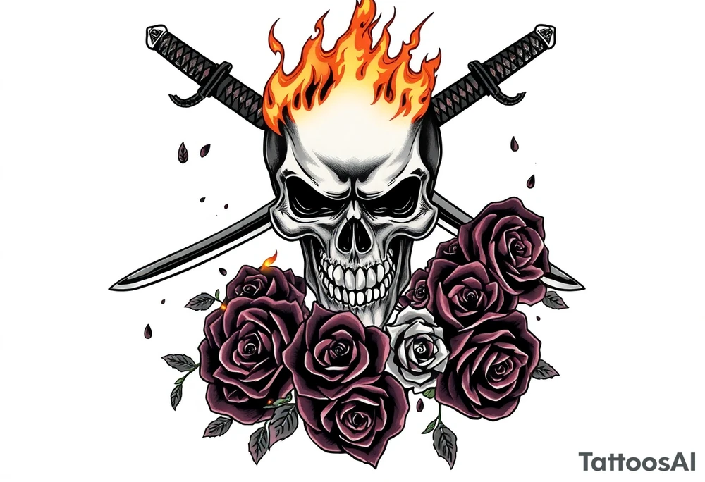 A skull burning intensely, katanas crossed, surrounded by falling dark roses. tattoo idea
